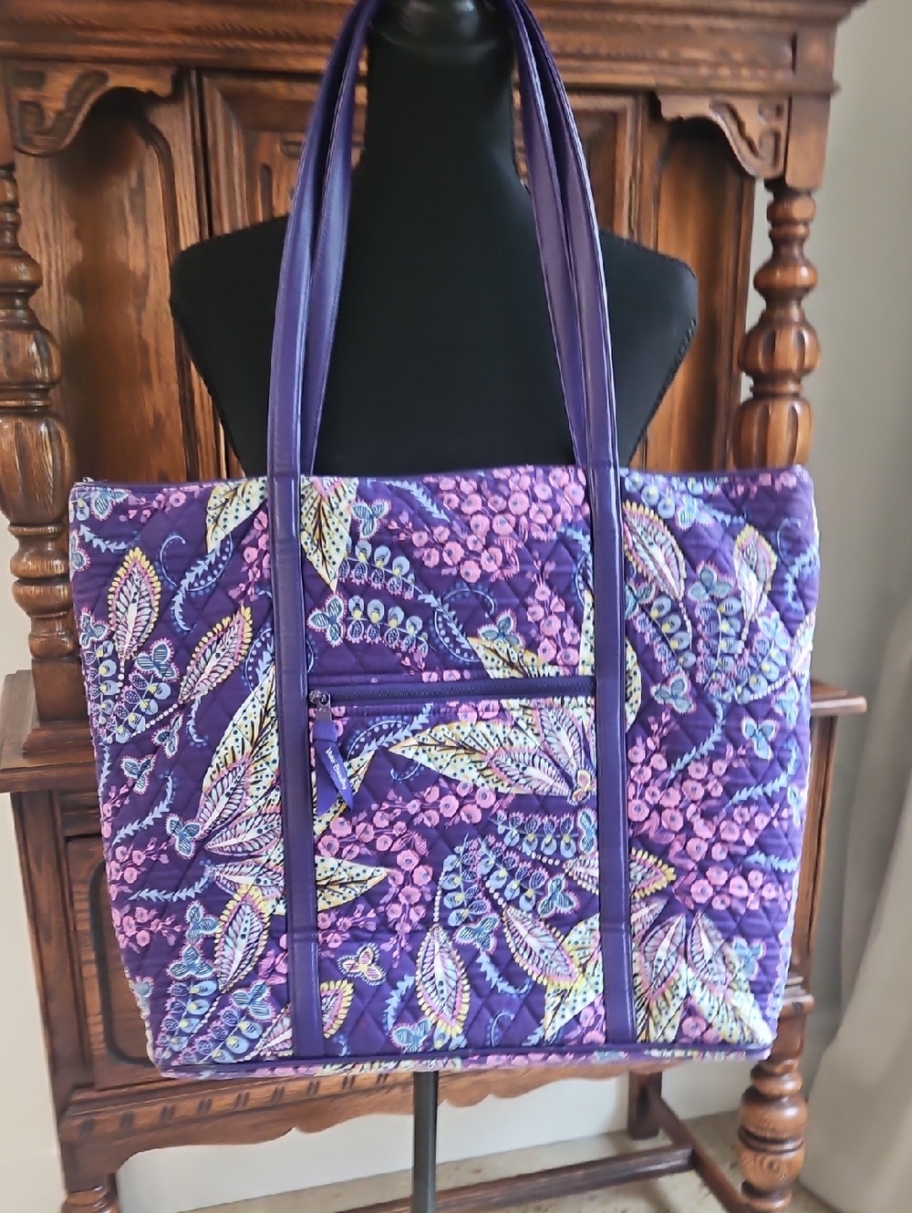 Vera Bradley Iconic Tote Purple Quilted Tote Bag with Floral Paisley Print